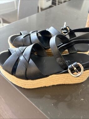 Prada Black Leather Braided Espadrille Sandals with Silver Buckle